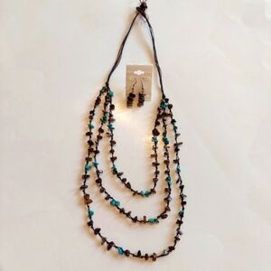 Necklace & Pierced Earrings - Chip Beads-Turquoise-Brown Color-Knoted 3 Strands